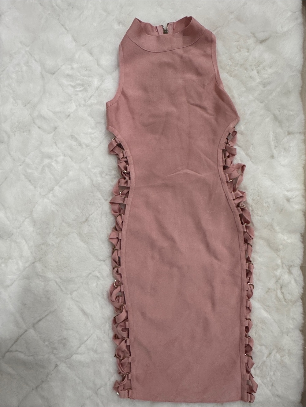 Hot Miami Styles Mauve Sleeveless Bodycon Midi Dress with Side Ruffle Detail